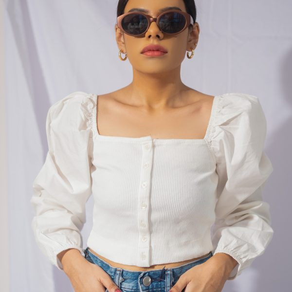 White Puffed Sleeve Crop Top
