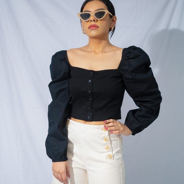 Black Puffed Sleeve Crop Top