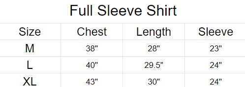 Full Sleeve Shirt size chart