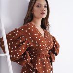 Polka dot brown print wrap top