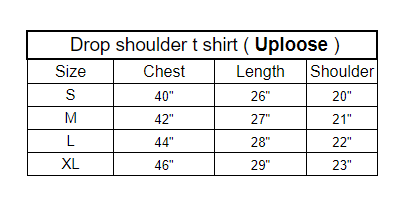 Drop Shoulder t shirt size chart 2