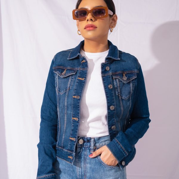 Women's Blue Washed Denim Cropped Jacket