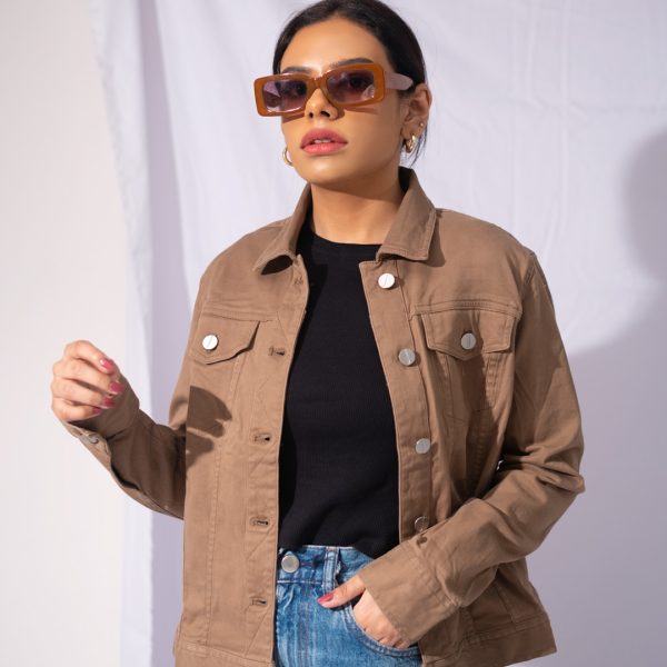 Women's Brown Washed Denim Cropped Jacket