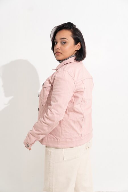 Women's Pink Washed Denim Cropped Jacket - Image 3