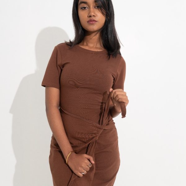 Brown Stretch Tie Short Sleeve Dress