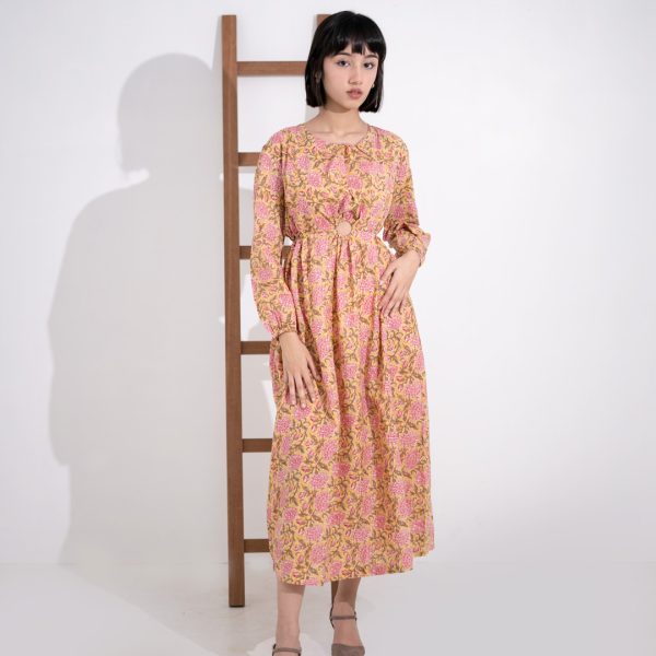 Floral coral cut out dress